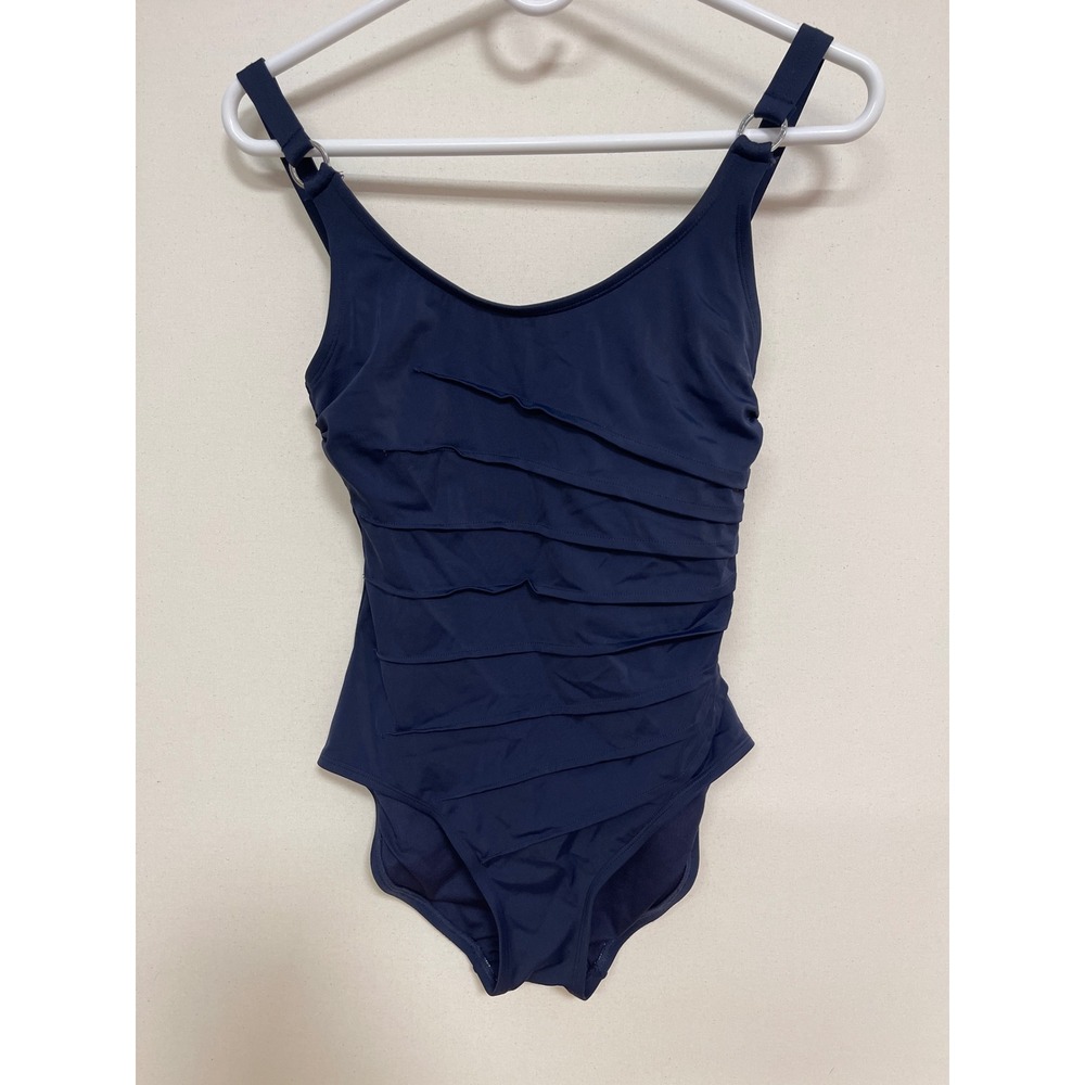Calvin Klein Womens Navy Blue Ruffle Front One Piece Swimsuit Size 8